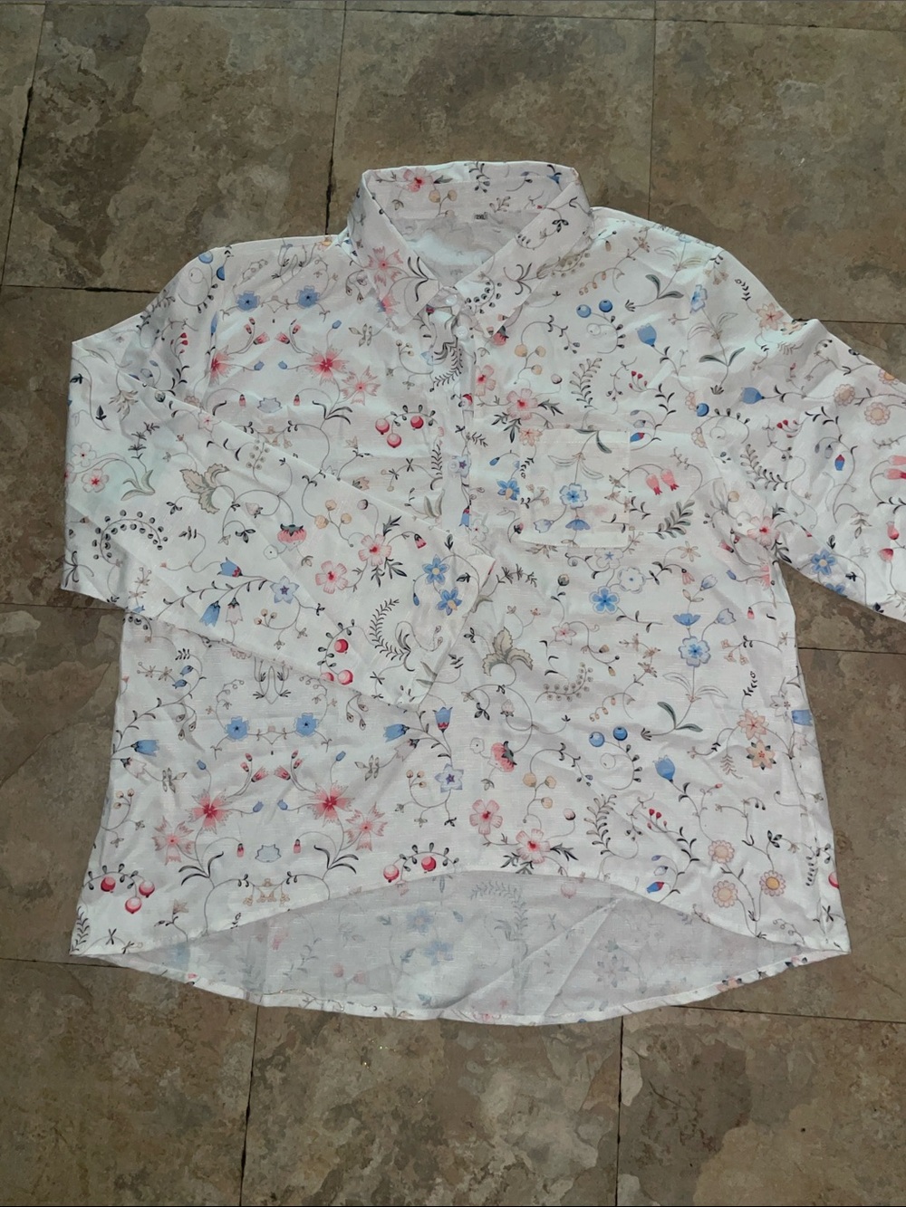 Men's White Floral Button-Up Shirt - Light Blue & Pink Print